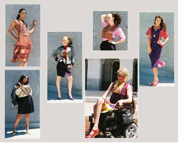 E. K. Hopper "Folk-wear meets Business-wear" Designed for diverse mobility Materials: sustainably grown and hand-dyed silk and wool fabrics with re-purposed semi-antique hand embellished textiles, and fragments. Models left to right: Jasmine, Taschelle, Rosalyn, Rosalyn, Jane, Kristy. Guest designer for Jewish Heritage Festival fashion show "Sustainability and Diversity", May 2, 2010, Sacramento CA. Photos by T. J. Biddle
