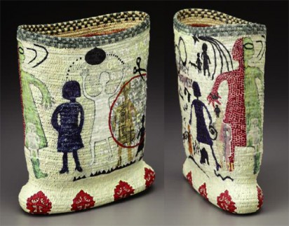 CAPTION: Elizabeth Whyte Schulze “Monkey Business” (front and side) Pine needles and raffia, paint, paper, coiled 9.5 x 8 x 4. Photo: John Polak.