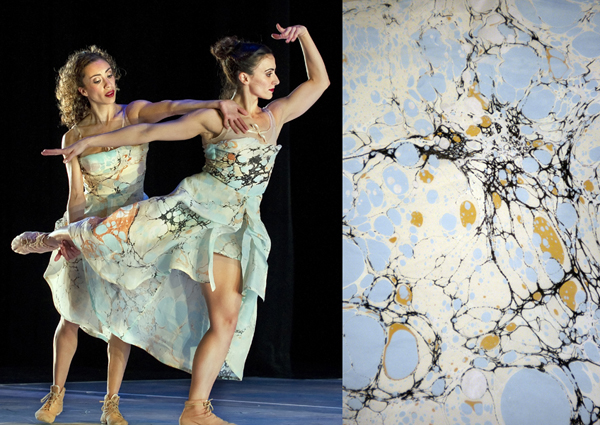 Dancers Anne Zivolich and Elizabeth Farotte Heenan in the performance "Investigating Grace." Satin organza costumes with marbled patterns designed by Sandra Woodall. To the right is a surface detail of a piece of marble. Photo: Steve DiBartolomeo.