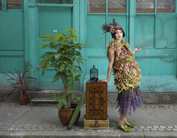 Nicole Dextras "Maple Flapper Jumper" Red maple tree seeds, lupines, dragon tongue leaves, smoke bush, rush and cattail leaves, 2011. Detail of archival inkjet print by the artist, 18.5" x 31".