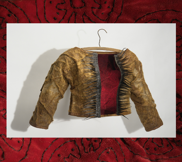 Erica Spitzer Rasmussen "Tomatic Jacket" Mixed media with handmade paper (cotton, jute, camel hair, field grass, velvet, embroidery thread, shellac) 26" x 32" x 10", 2011. Detail in background. Photos: Petronella Ytsma.