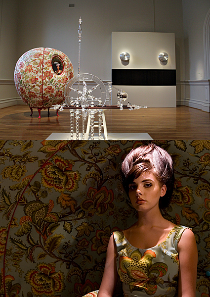 TOP: Installation view from the 40 Under 40: Craft Futures exhibit at the Renwick Gallery featuring works (from L to R) by: Stephanie Liner, Andy Paiko, and Christie Matson, 2012. Shown courtesy of the Smithsonian American Art Museum, Washington, D.C. Bottom: Stephanie Liner "Momentos of a Doomed Construct" (detail of interior with model) Upholstery, plywood, fabric, sequins, yarn, embroidery, adhesive, cardboard, 80" x 65", 2011. Photo: John Michael Kohler Art Center, WI.