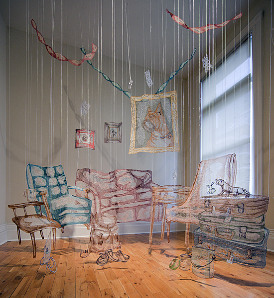 Amanda McCavour "Living Room" Thread, Solvy, and machine embroidery, 10' x 10' x 10' (dimensions variable), 2010-2011. Photo: Agata Piskunowicz. Produced with the support of the Ontario Arts Council. Shown Courtesy of Lonsdale Gallery, Toronto.