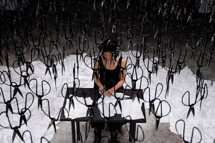 Beili Liu "The Mending Project" Overhead installation view and performance, iron scissors, fabric, thread, needle, mixed media, dimensions variable, 2011. Photo: Rino Pizzi.