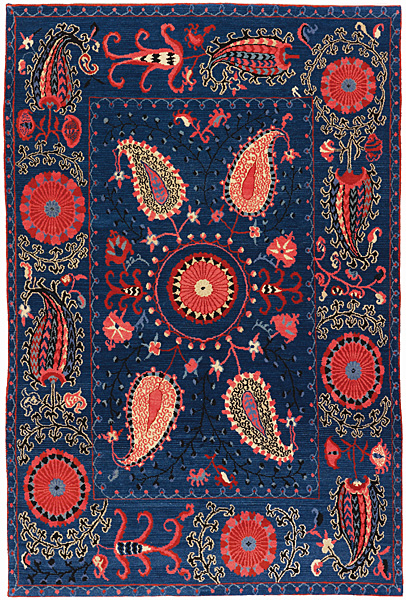 Stephanie Odegard "Suzani III" (shown in indigo) Wool, hand-knotted, natural-dyed, Super Abu quality, 2006. Made in Nepal. Photo: John Bigelow Taylor.