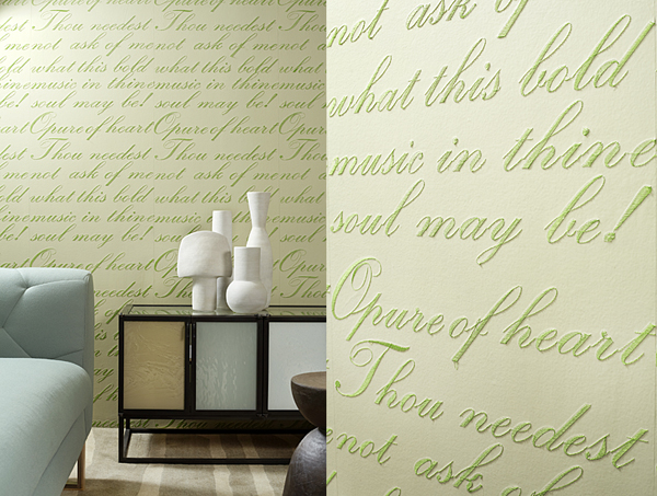 Tracy Kendall "From the Heart" Wallpaper Installation view with detail, wallpaper, thread, digital embroidery, 2012.