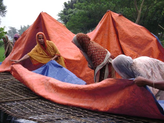 Women cover baskets of draining indigo, Bangladesh, 2007. Photo by Mary Lance