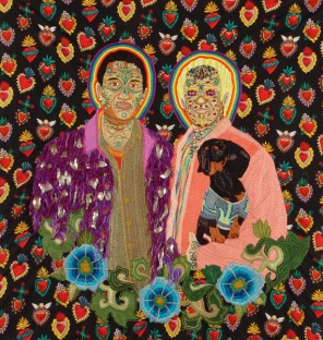 Chiachio & Giannone “Promesas” Cotton threads, jewelry effect threads, rayon and metal ex votos, hand embroidery on fabric, 46.1" x 44.5", 2011. Photo: Daniel Kiblisky.