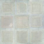 Meg Pierce White Handkerchiefs (2016) Vintage handkerchiefs, crochet threads, pastel, acrylic on canvas