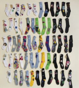 Celia Pym “First One’s the Best” 2014, 60 sports socks cut up and heavily hand-darned, dimensions variable. Created during the artist’s Parallel Practices 2014 residency in the Dissecting Lab at King’s College, London.