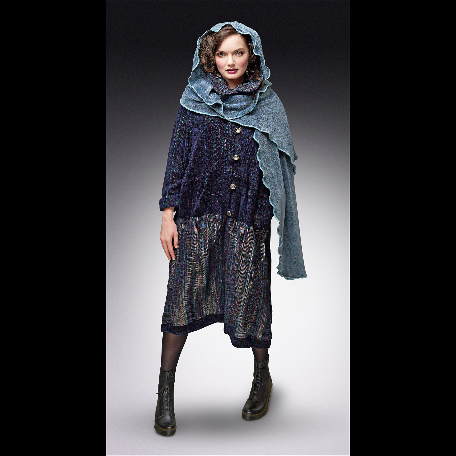 The Poet’s Coat shown with Hooded Shawl