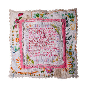 Surface Design Association Outstanding Students 2023 - Emilie Chartrand (she/her), Play Pretend, 2023. Hand stitched, hand quilted, collaged, and embroidered found fabrics, found linens, cotton batting, embroidery floss, 14 x 14 inches. Photo by the artist. Undergraduate, Kansas City Art Institute. emiliechartrand.com | @e.n.c_art