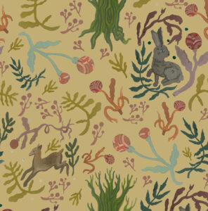 Surface Design Association Outstanding Students 2023 - Lilla Rosenberg (she/her), Forested Foliage Collection, 2022. Painted digital repeat pattern with gouache, Photoshop, dimensions vary. Photo by the artist. Undergraduate, Savannah College of Art and Design. himzes.cargo.site | @himz.es